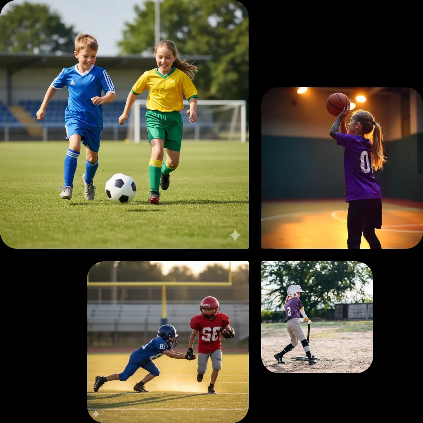 Youth athletes participating in various sports events